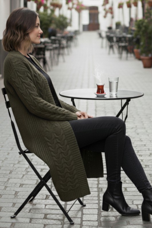 Örgü Desenli Uzun Triko Hırka R4251 Haki Örgü Desenli Uzun Triko Hırka R4251 Haki