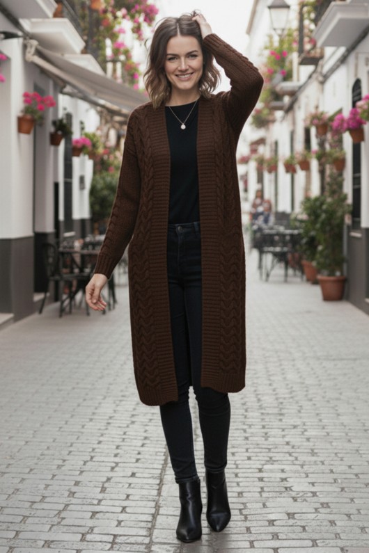 Örgü Desenli Uzun Triko Hırka R4251 Kahverengi