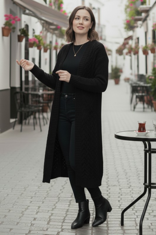 Örgü Desenli Uzun Triko Hırka R4251 Siyah