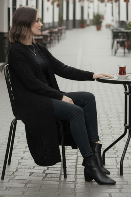 Örgü Desenli Uzun Triko Hırka R4251 Siyah Örgü Desenli Uzun Triko Hırka R4251 Siyah