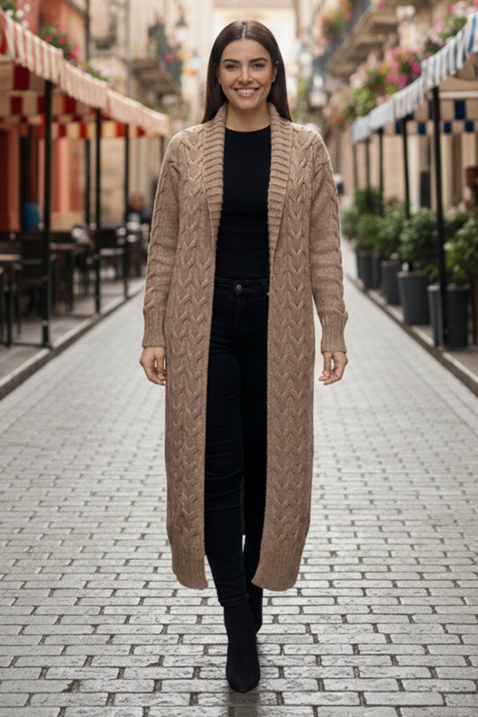 Örgü Desenli Uzun Triko Hırka R4251 Vizon Örgü Desenli Uzun Triko Hırka R4251 Vizon