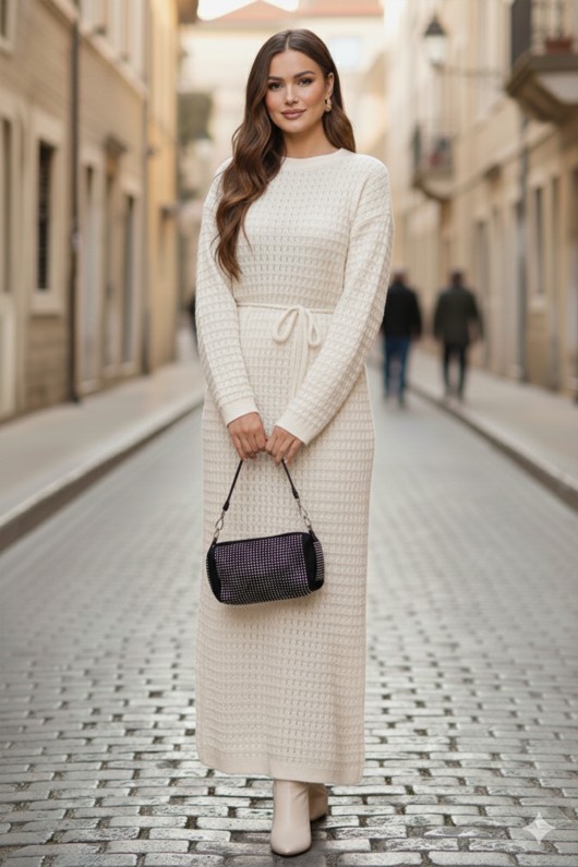 Palmiye Fileli Triko Elbise R4448 Ekru