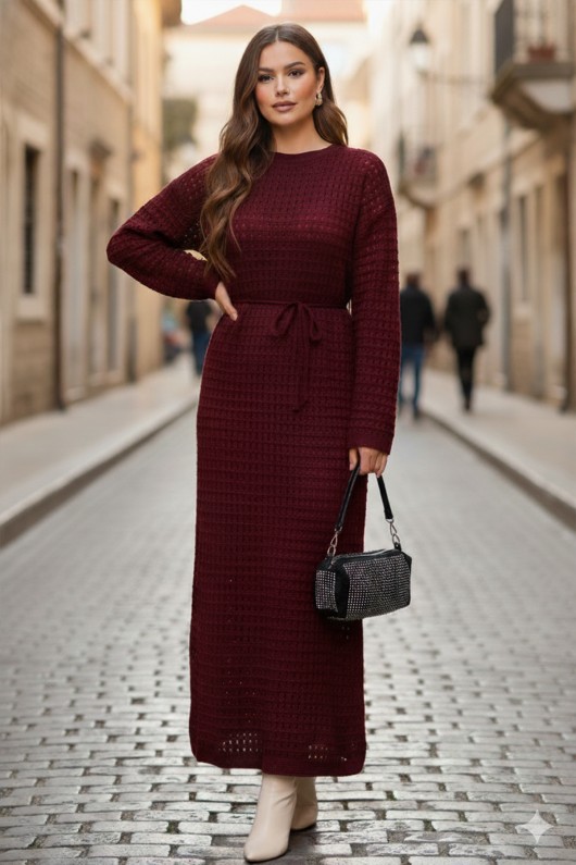 Palmiye Fileli Triko Elbise R4448 Kırmızı