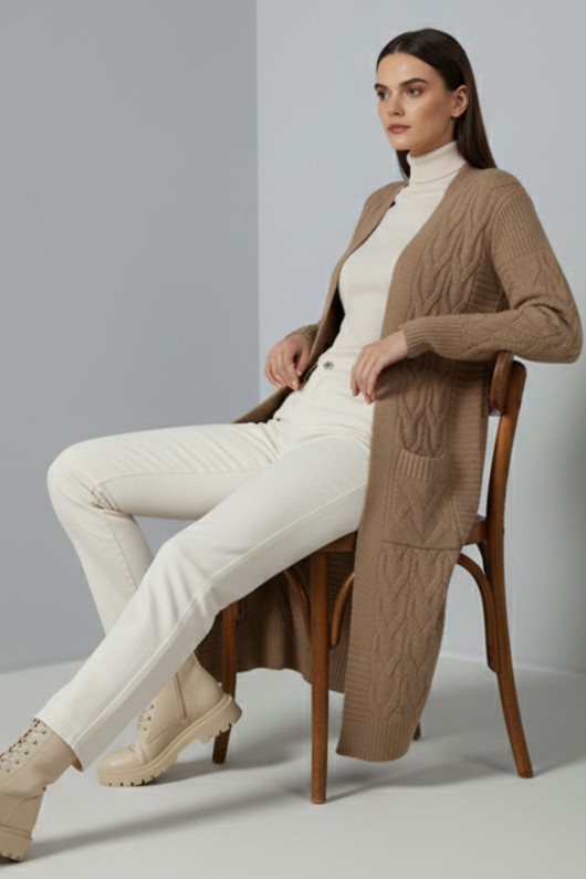 Örgü Desenli Uzun Triko Hırka R2817 Camel