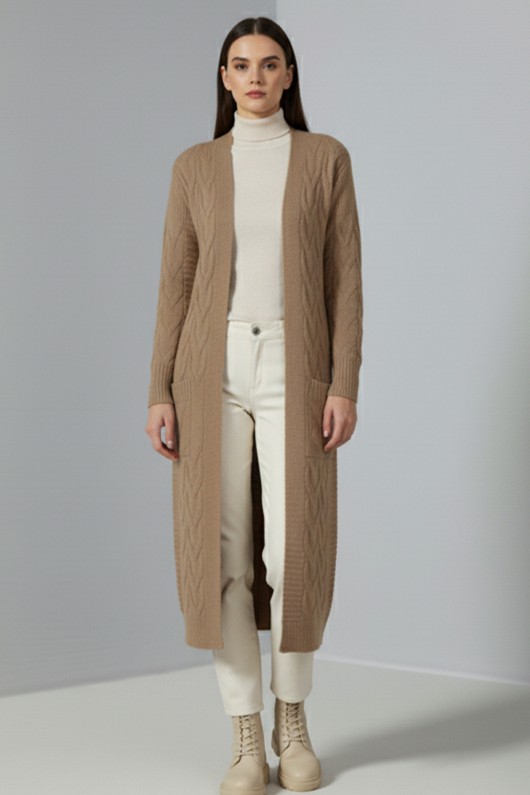 Örgü Desenli Uzun Triko Hırka R2817 Camel Örgü Desenli Uzun Triko Hırka R2817 Camel