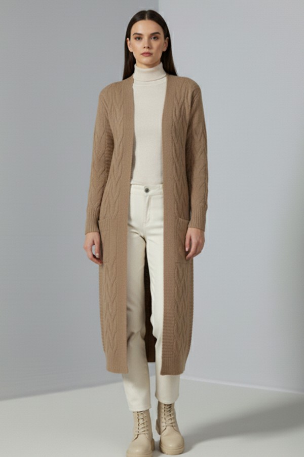 Örgü Desenli Uzun Triko Hırka R2817 Camel