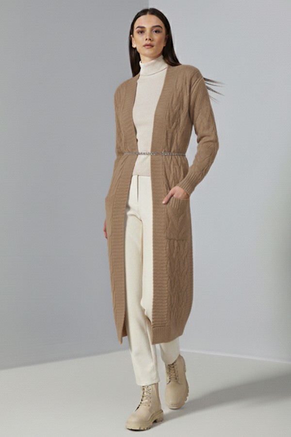 Örgü Desenli Uzun Triko Hırka R2817 Camel