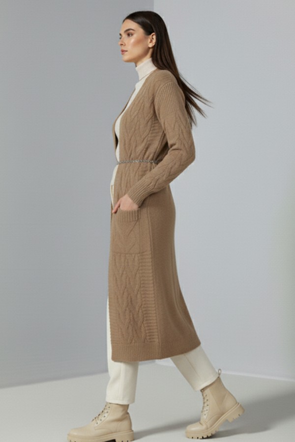 Örgü Desenli Uzun Triko Hırka R2817 Camel