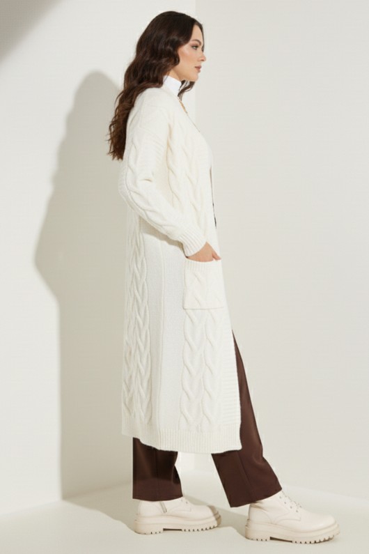 Örgü Desenli Uzun Triko Hırka R2817 Ekru Örgü Desenli Uzun Triko Hırka R2817 Ekru