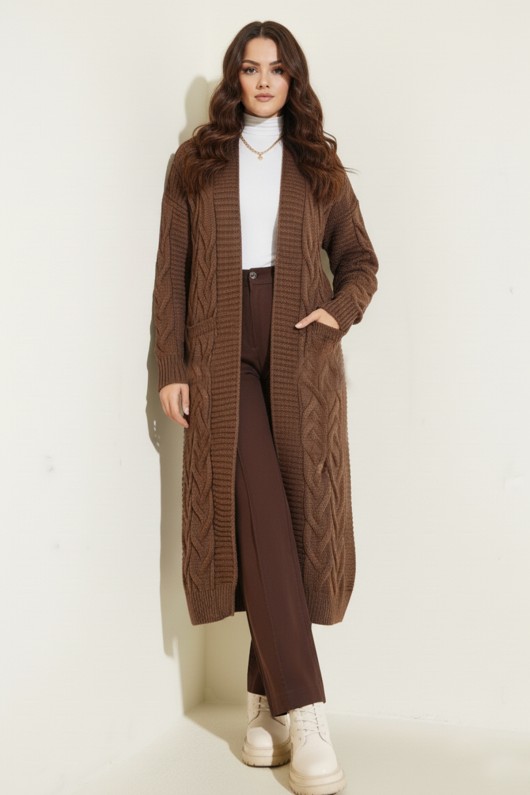 Örgü Desenli Uzun Triko Hırka R2817 Kahverengi Örgü Desenli Uzun Triko Hırka R2817 Kahverengi