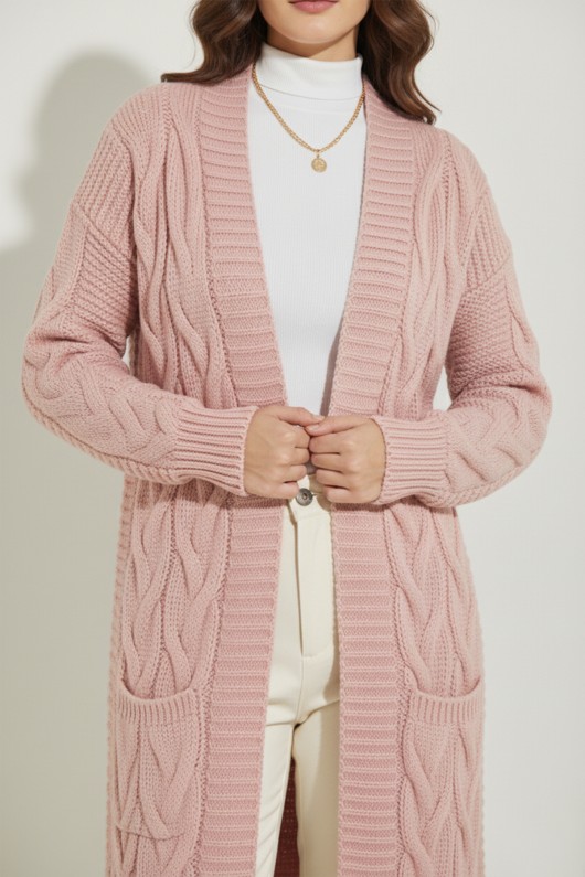 Örgü Desenli Uzun Triko Hırka R2817 Pudra Örgü Desenli Uzun Triko Hırka R2817 Pudra