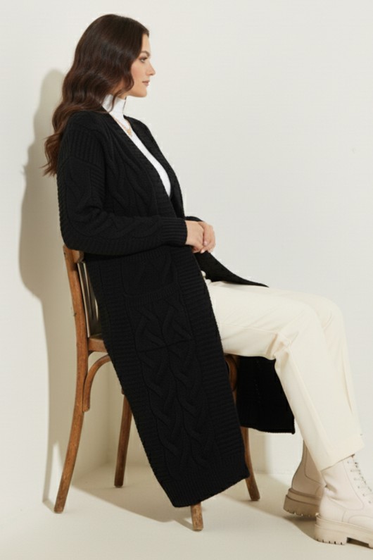 Örgü Desenli Uzun Triko Hırka R2817 Siyah Örgü Desenli Uzun Triko Hırka R2817 Siyah