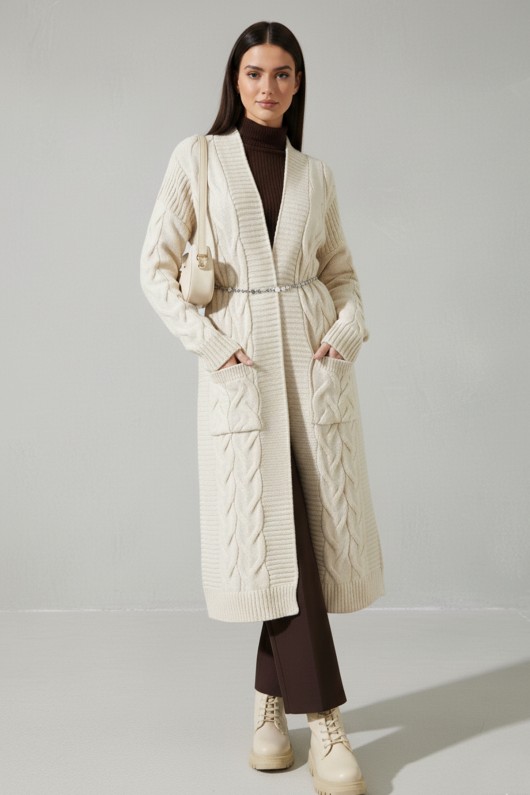 Örgü Desenli Uzun Triko Hırka R2817 Taş Rengi Örgü Desenli Uzun Triko Hırka R2817 Taş Rengi