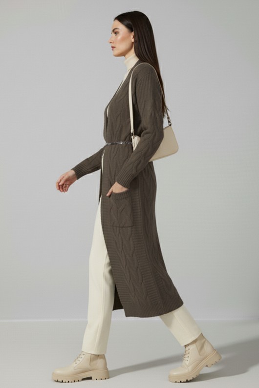 Örgü Desenli Uzun Triko Hırka R2817 Vizon Örgü Desenli Uzun Triko Hırka R2817 Vizon