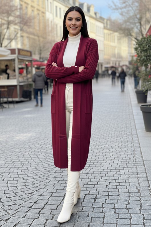 Kolu Düğmeli Fitilli Triko Hırka R7146 Bordo