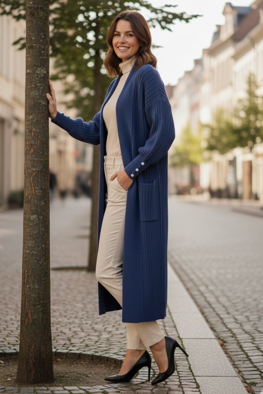 Kolu Düğmeli Fitilli Triko Hırka R7146 İndigo