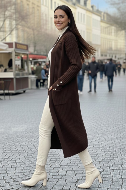 Kolu Düğmeli Fitilli Triko Hırka R7146 Kahverengi