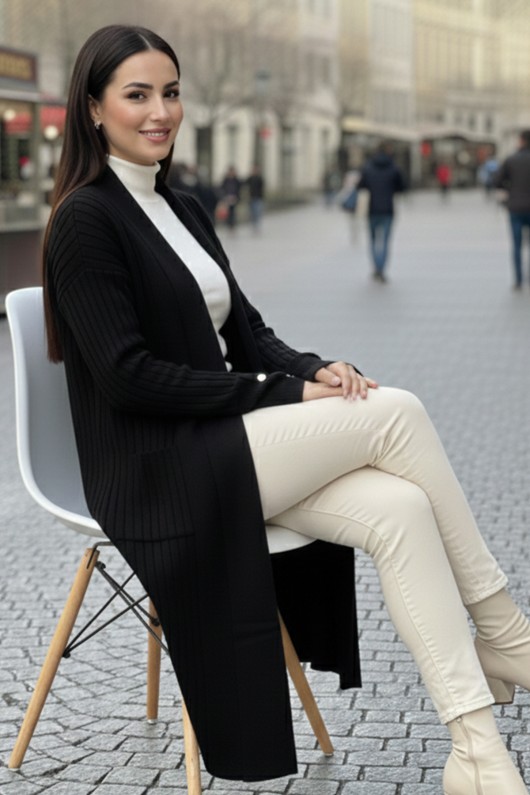 Kolu Düğmeli Fitilli Triko Hırka R7146 Siyah