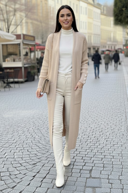 Kolu Düğmeli Fitilli Triko Hırka R7146 Taş Rengi