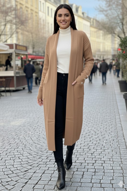 Kolu Düğmeli Fitilli Triko Hırka R7146 Vizon