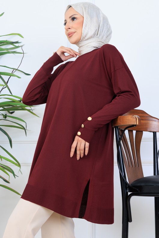 Kolu Düğmeli Triko Tunik N7005 Bordo