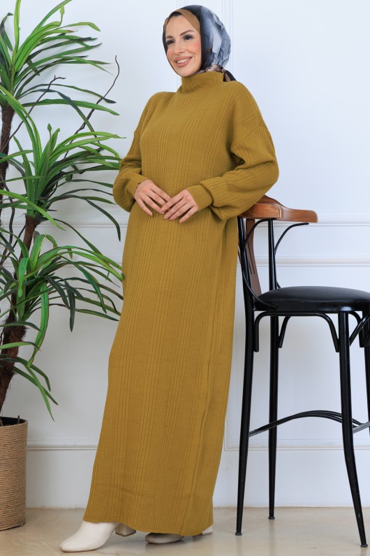 Fitilli Triko Elbise N7080 Yağ Yeşili Fitilli Triko Elbise N7080 Yağ Yeşili