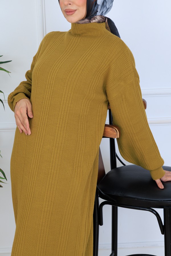 Fitilli Triko Elbise N7080 Yağ Yeşili Fitilli Triko Elbise N7080 Yağ Yeşili