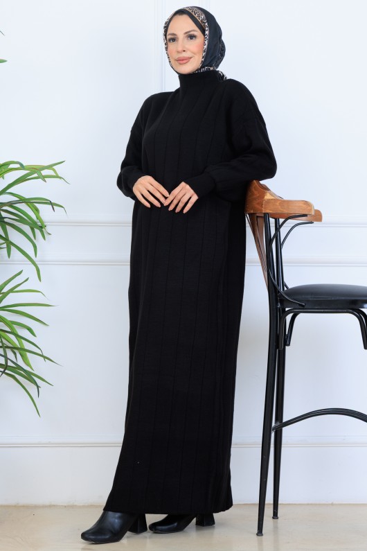 Fitilli Triko Elbise N7085 Siyah