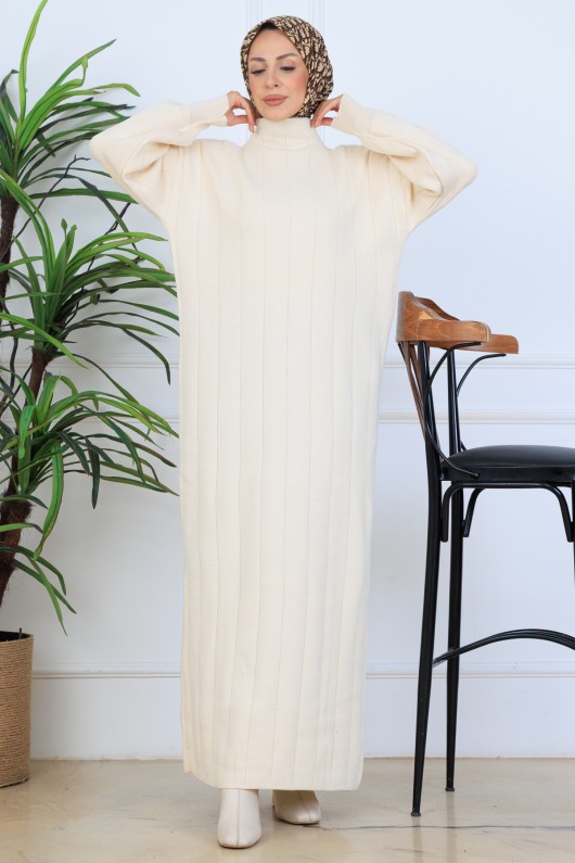 Fitilli Triko Elbise N7085 Taş Rengi