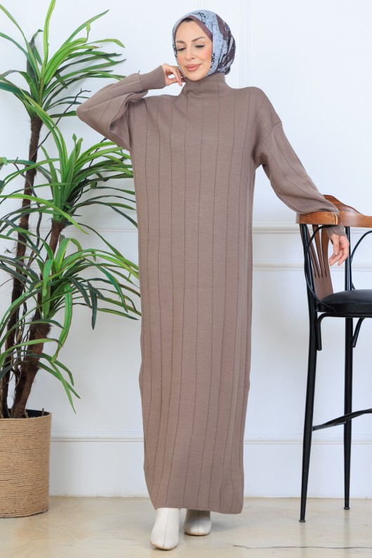 Fitilli Triko Elbise N7085 Vizon