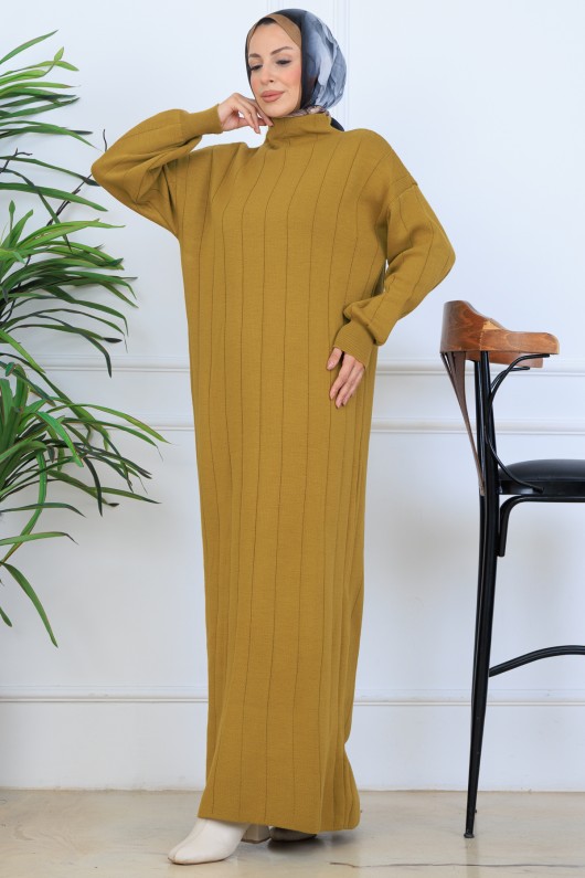 Fitilli Triko Elbise N7085 Yağ Yeşili