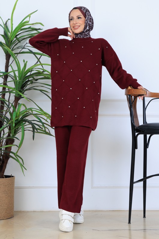 Taşlı Triko Takım N7067 Bordo