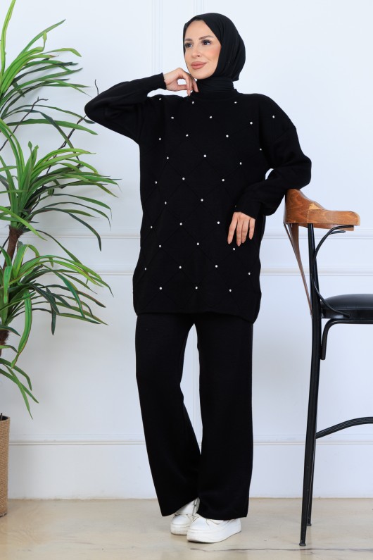 Taşlı Triko Takım N7067 Siyah