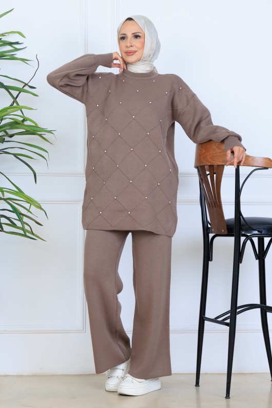 Taşlı Triko Takım N7067 Vizon