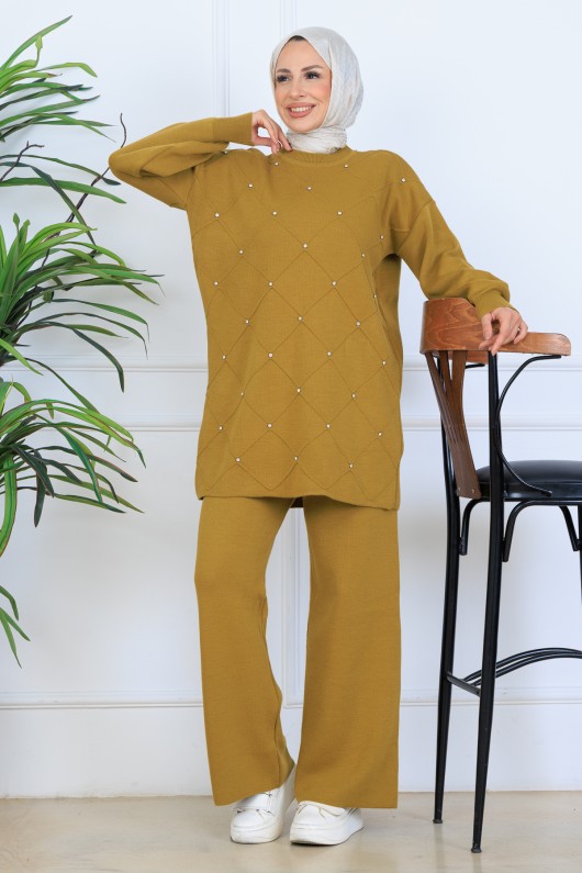 Taşlı Triko Takım N7067 Yağ Yeşili