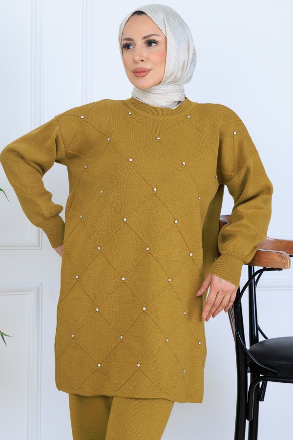 Taşlı Triko Takım N7067 Yağ Yeşili Taşlı Triko Takım N7067 Yağ Yeşili