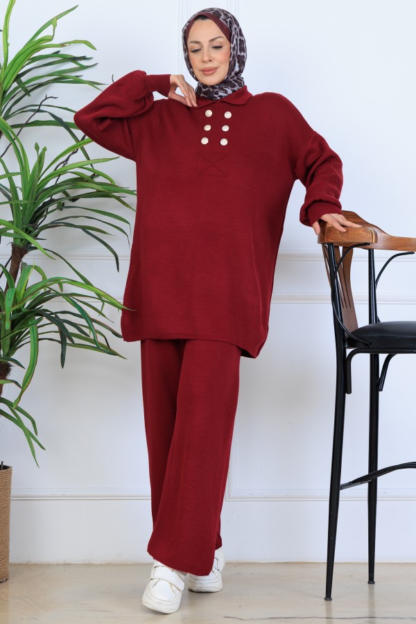 Düğme Detaylı Triko Takım N7064 Bordo