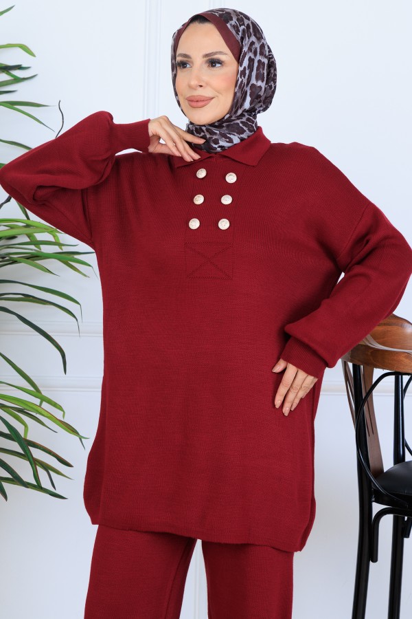 Düğme Detaylı Triko Takım N7064 Bordo
