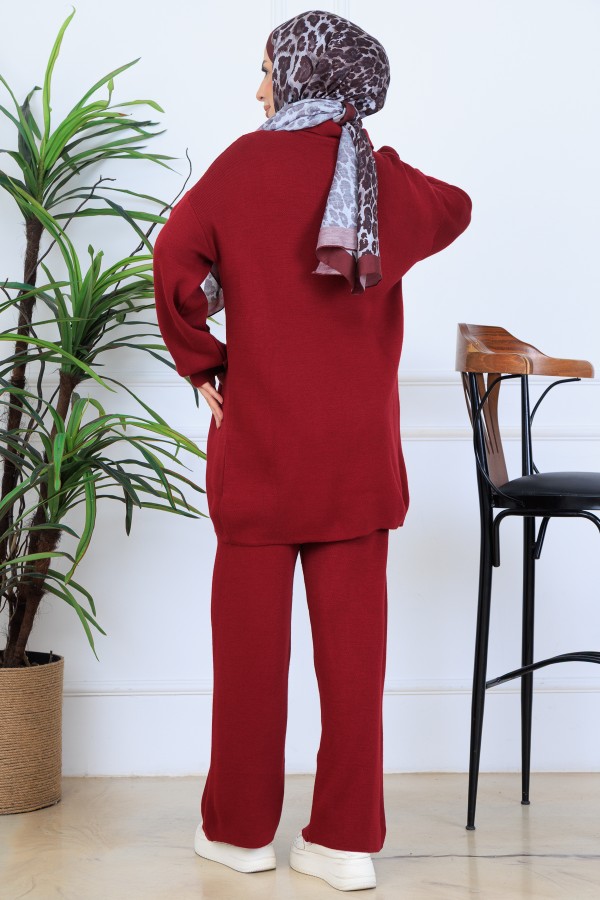Düğme Detaylı Triko Takım N7064 Bordo