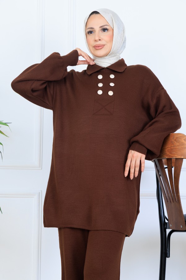 Düğme Detaylı Triko Takım N7064 Kahverengi