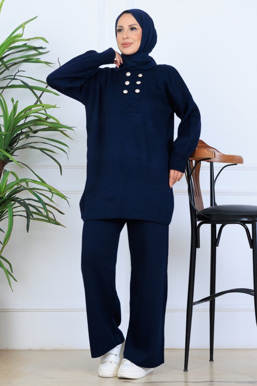 Düğme Detaylı Triko Takım N7064 Lacivert