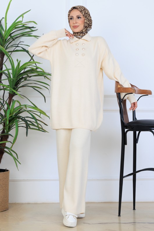 Düğme Detaylı Triko Takım N7064 Taş Rengi