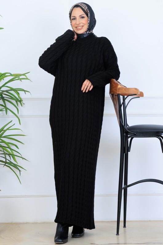 Örgü Desenli Triko Elbise N7082 Siyah