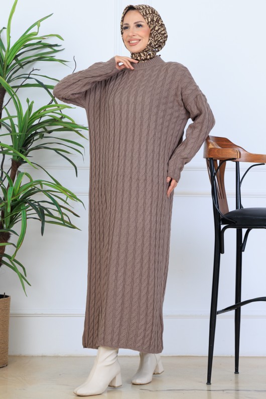 Örgü Desenli Triko Elbise N7082 Vizon