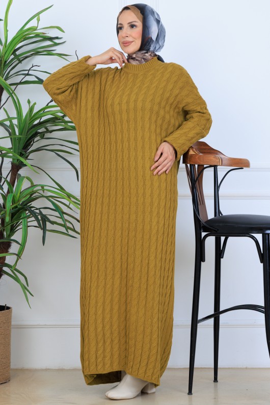 Örgü Desenli Triko Elbise N7082 Yağ Yeşili