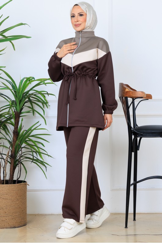 Beli Büzgülü Kemerli Scuba Takım N5349 Kahverengi