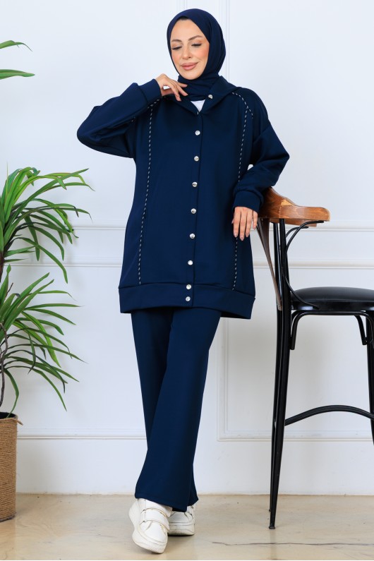 Kapüşonlu Düğmeli Scuba Takım N5393 Lacivert Kapüşonlu Düğmeli Scuba Takım N5393 Lacivert