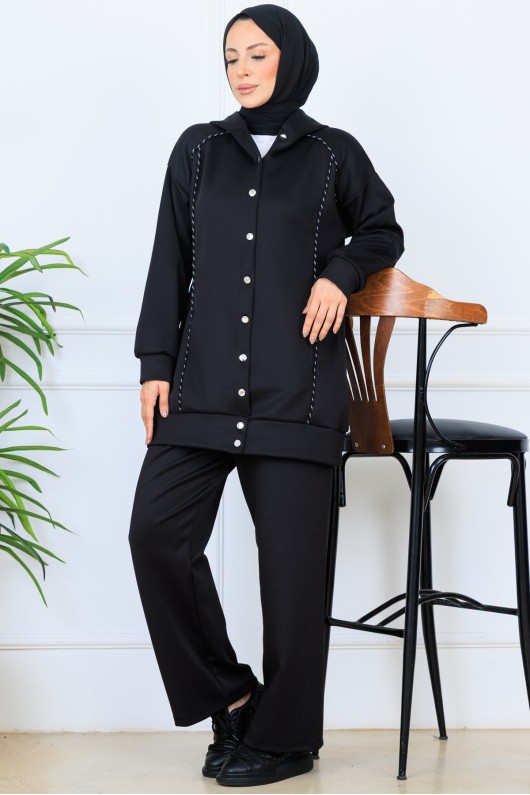 Kapüşonlu Düğmeli Scuba Takım N5393 Siyah Kapüşonlu Düğmeli Scuba Takım N5393 Siyah