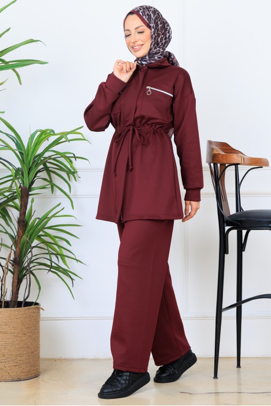 Beli Büzgülü Fermuarlı Scuba Takım N5329 Bordo Beli Büzgülü Fermuarlı Scuba Takım N5329 Bordo