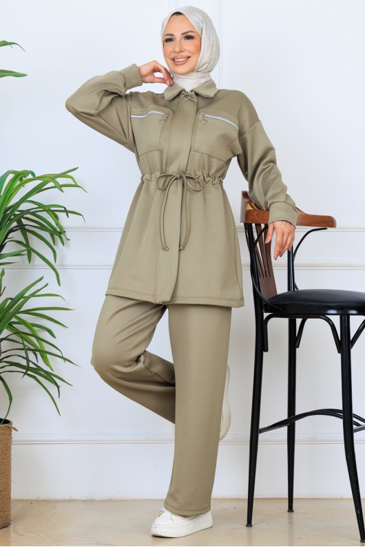 Beli Büzgülü Fermuarlı Scuba Takım N5329 Çağla Beli Büzgülü Fermuarlı Scuba Takım N5329 Çağla